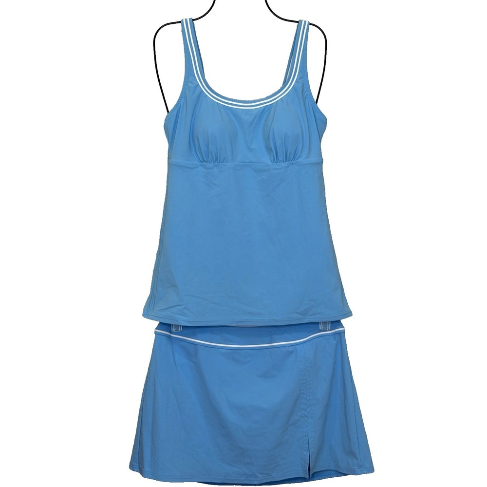 Lands' End 2 Piece Swimsuit Size 8 Blue‎ Tankini Top Swim Skirt Bottom Modest